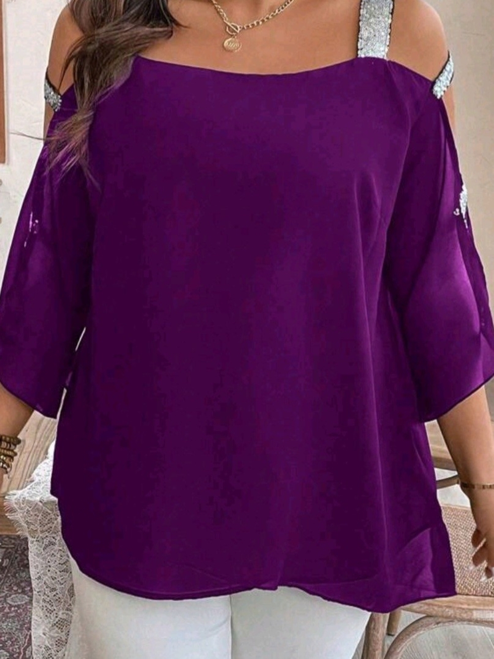 Sequin-Trim Cold-Shoulder Blouse in Deep Purple.  Last Pic Is The Actual Colour
